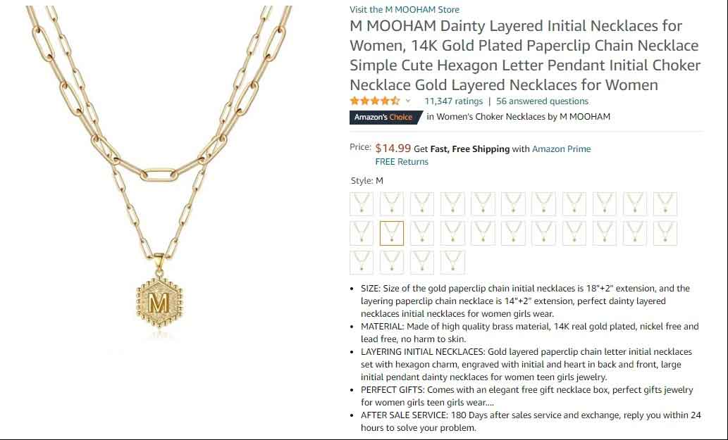 Jewelry Product Description Example from Amazon