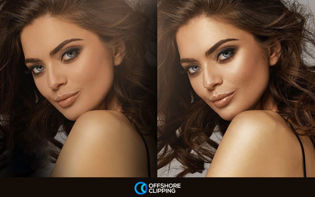 Glamour retouching of a model with enhanced facial features, smooth skin tone, improved color tones, flaw removal, and hair adjustment for a polished and glamorous look