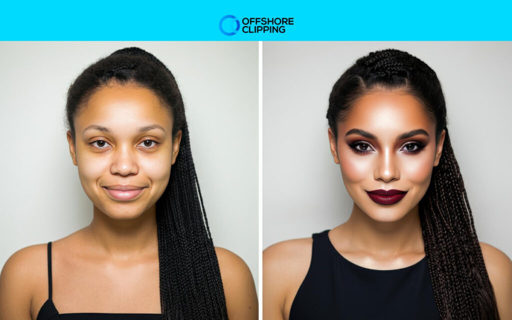 Makeup retouching of a model with enhanced eyes, defined eyebrows, contoured cheeks, refined lips, and a sculpted jawline for a polished and glamorous look