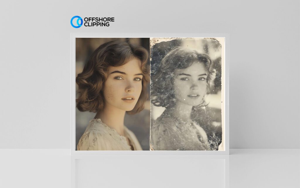 Old photo retouching of a girl's image, restoring faded colors, eliminating blur, removing water damage, and fixing scratches for a clearer, restored photo