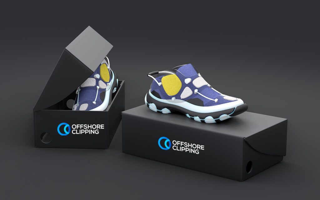 Packshot retouching of a shoe photo with a branded box, enhancing clarity, sharpness, and color for a professional product presentation