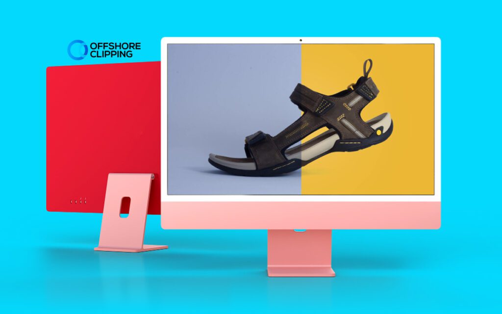 Product photo retouching of a sandal with improved realism, removal of distractions, and enhanced image quality for ecommerce display