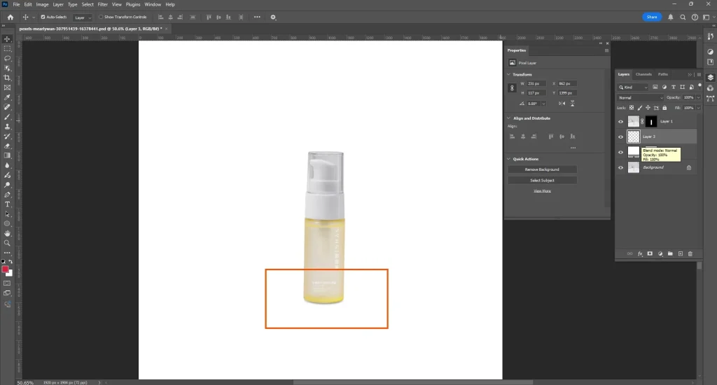Small tight transform selection at the base of a product to create a contact shadow in Photoshop.