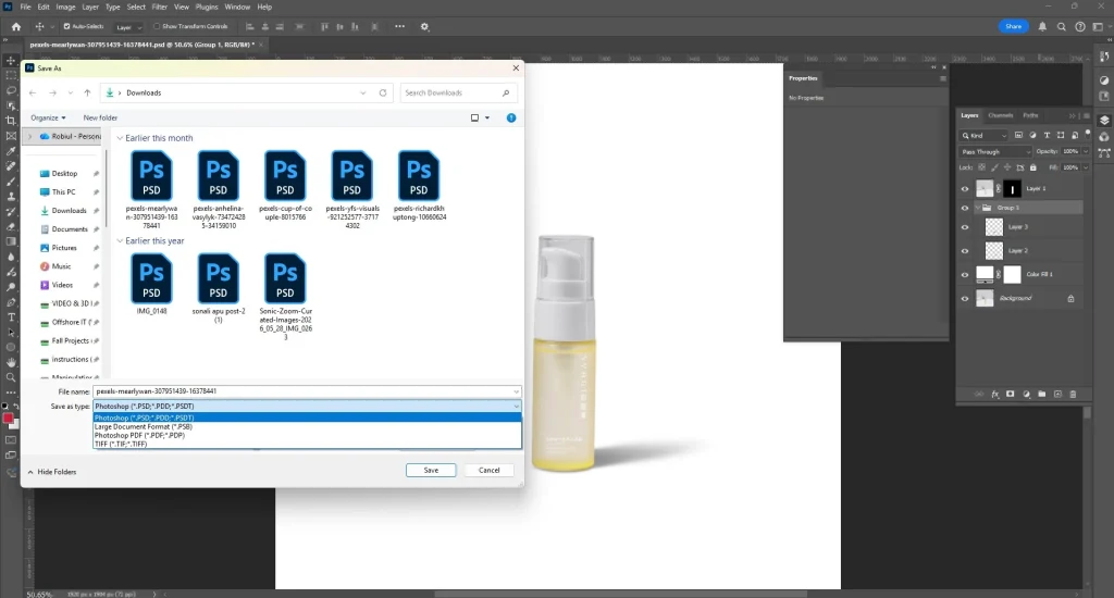 Save As dialog box showing Photoshop PSD file format options for exporting a finished shadow edit.