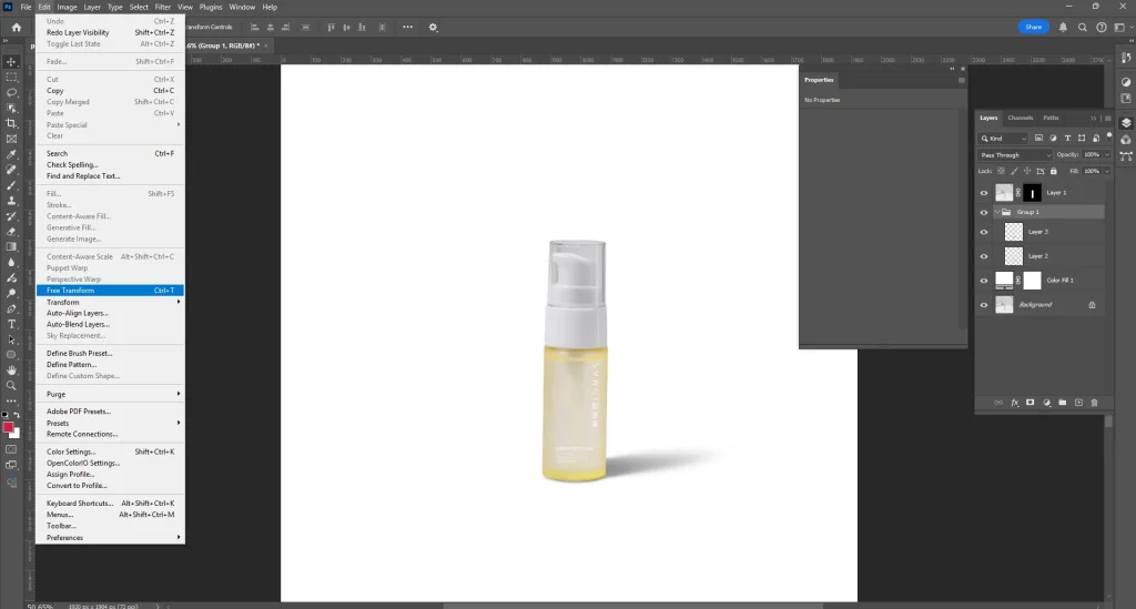 Edit menu with Free Transform selected in Photoshop, used to position a shadow layer beneath a product.