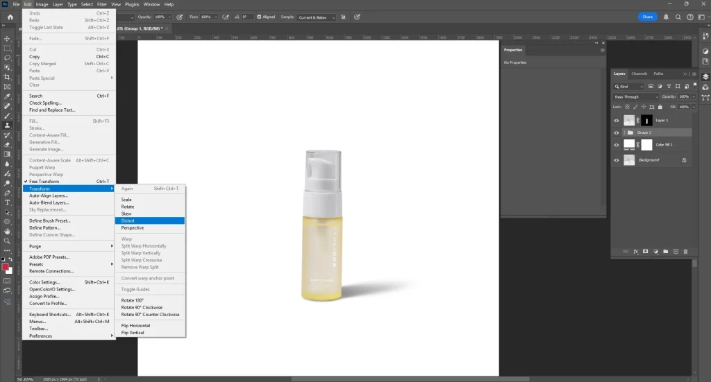 Edit, Transform, Distort menu open on a shadow layer to adjust perspective in Photoshop.