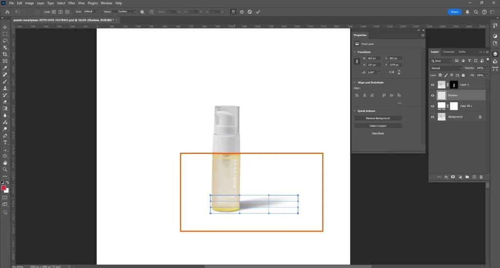 Warp tool grid mesh applied to a shadow shape in Photoshop for natural curvature.