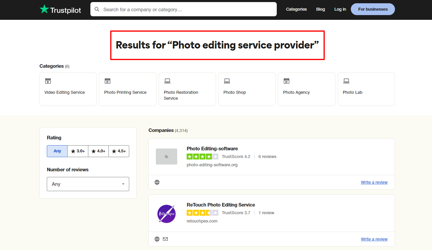Find photo editing service on the native business directories