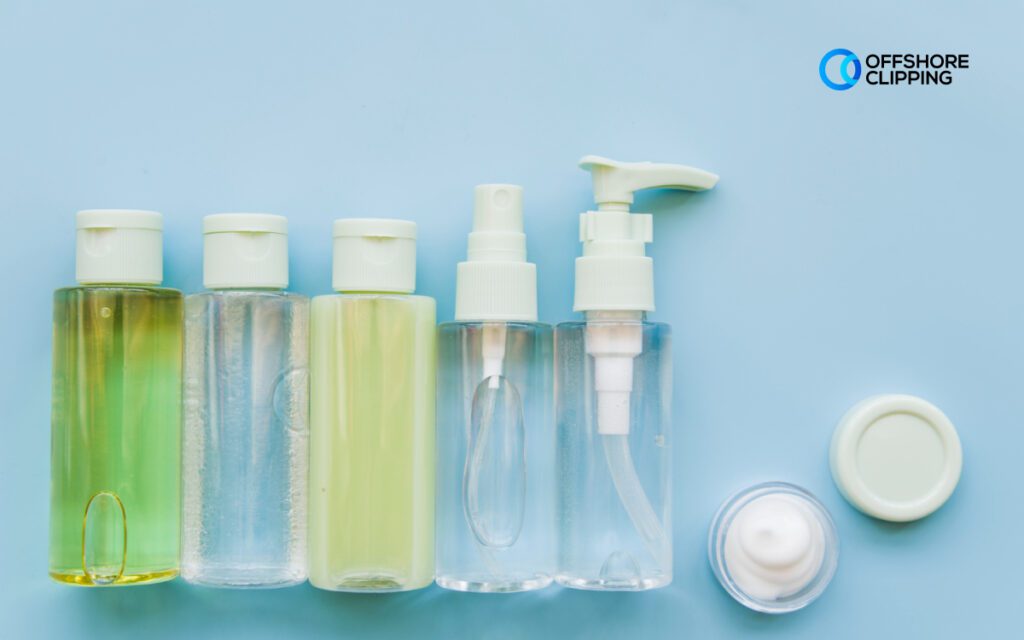 Comparative photography of cosmetic bottles with various dispenser types on a blue background.