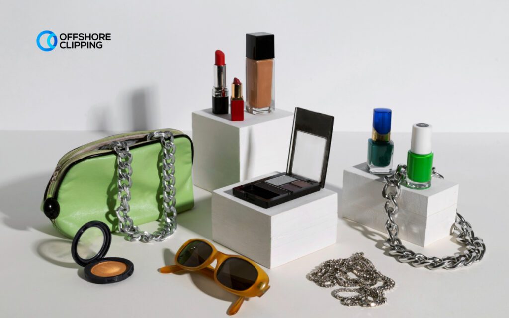 Group shot of fashion items in a frame on white background