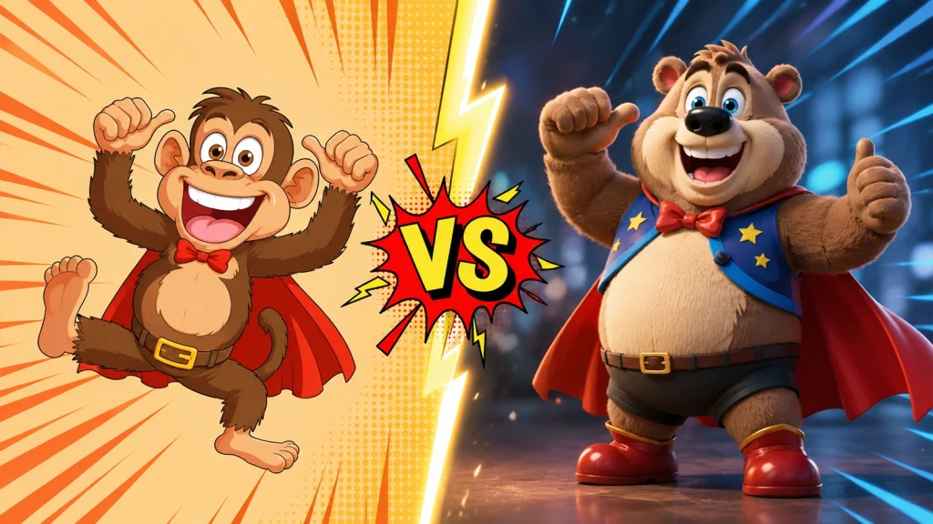 Split-screen comparison of a 2D cartoon monkey superhero versus a 3D rendered bear superhero facing off with a VS graphic in the middle