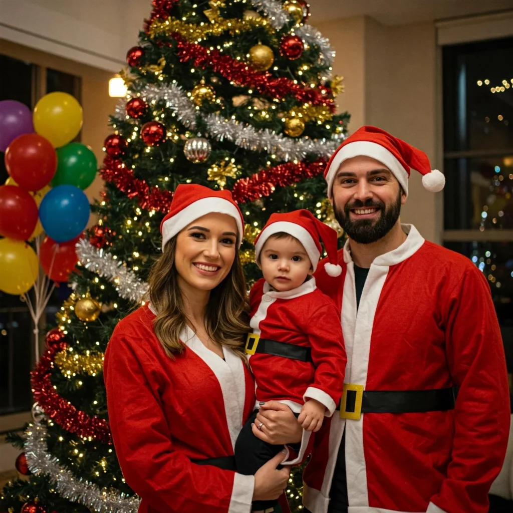 A mother, father, and baby wear matching Santa outfits in front of a decorated Christmas tree.