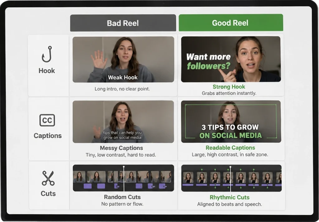 Bad and good Instagram Reel comparison showing differences in hooks, captions, and editing rhythm