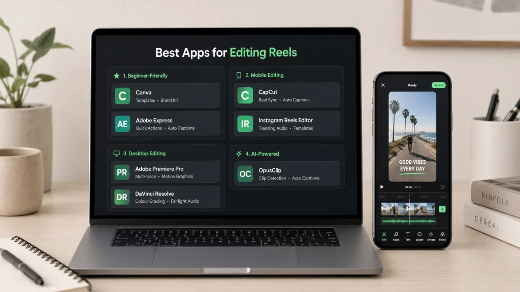 Laptop and smartphone displaying popular apps for editing professional Instagram Reels