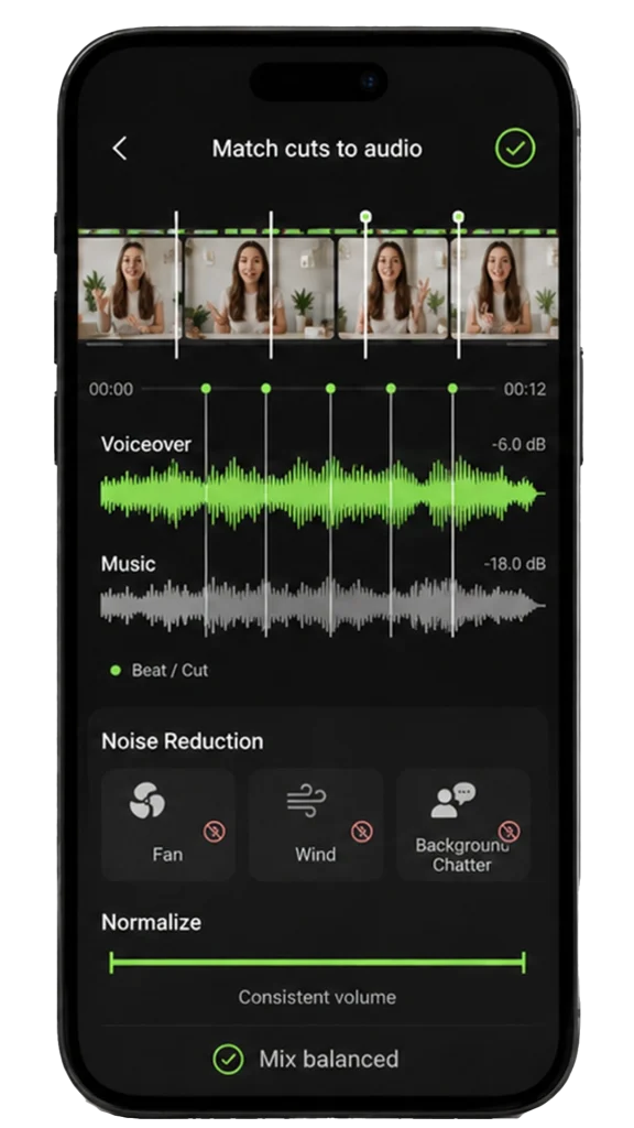 Reel editing timeline with cuts aligned to voiceover, music beats, and balanced audio levels
