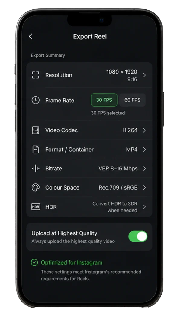 Recommended Instagram Reel export settings including 1080 × 1920, H.264, MP4, and 30 FPS