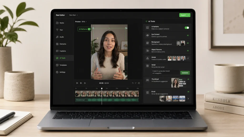 AI-powered Reel editor showing reframing, eye contact, background removal, scripts, and B-roll tools