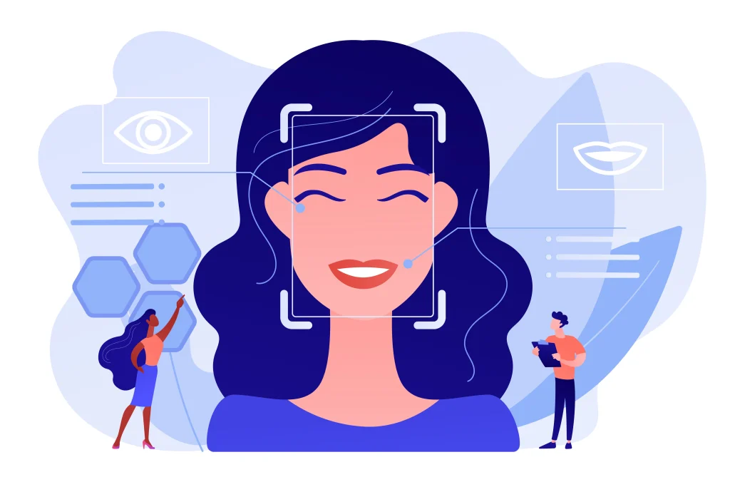 An illustration shows facial-recognition technology analyzing a smiling woman’s eyes, mouth, and facial features.