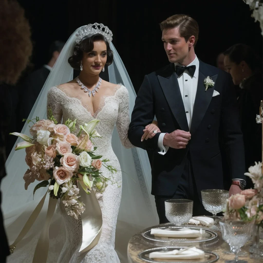 A bride carrying a large floral bouquet walks beside a groom in a black tuxedo at a reception.