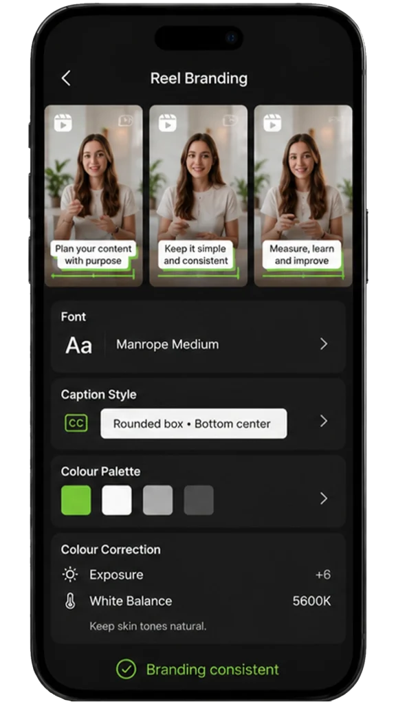Instagram Reel branding settings with consistent fonts, caption style, colours, and colour correction