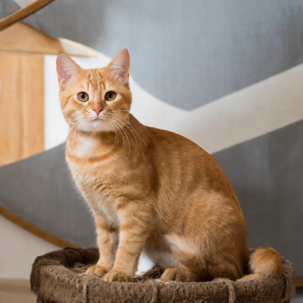 An orange tabby cat sits upright in a brown pet bed inside a modern room.