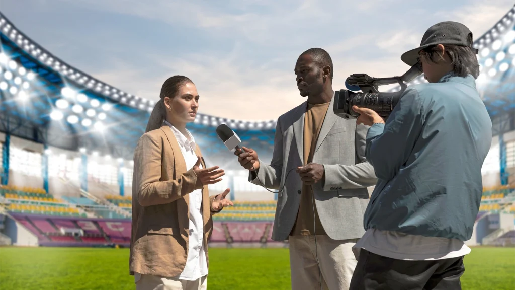Reporter interviewing an athlete on the field with a cameraman filming, representing sports photojournalism and editorial coverage