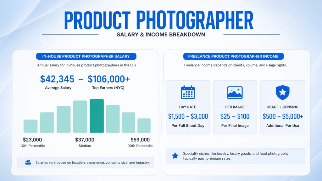 Infographic breaking down in-house product photographer salary and freelance income rates