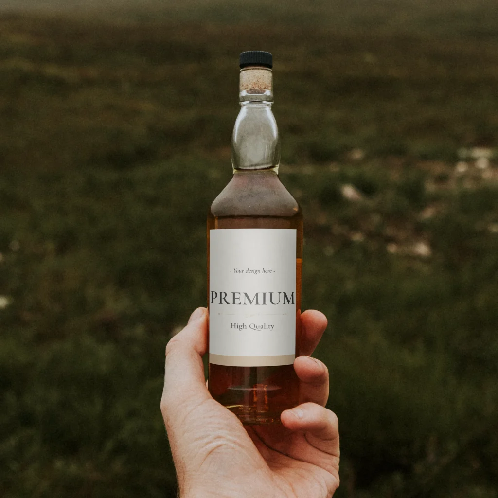 A hand holds an amber bottle with a white premium label against a blurred outdoor background.