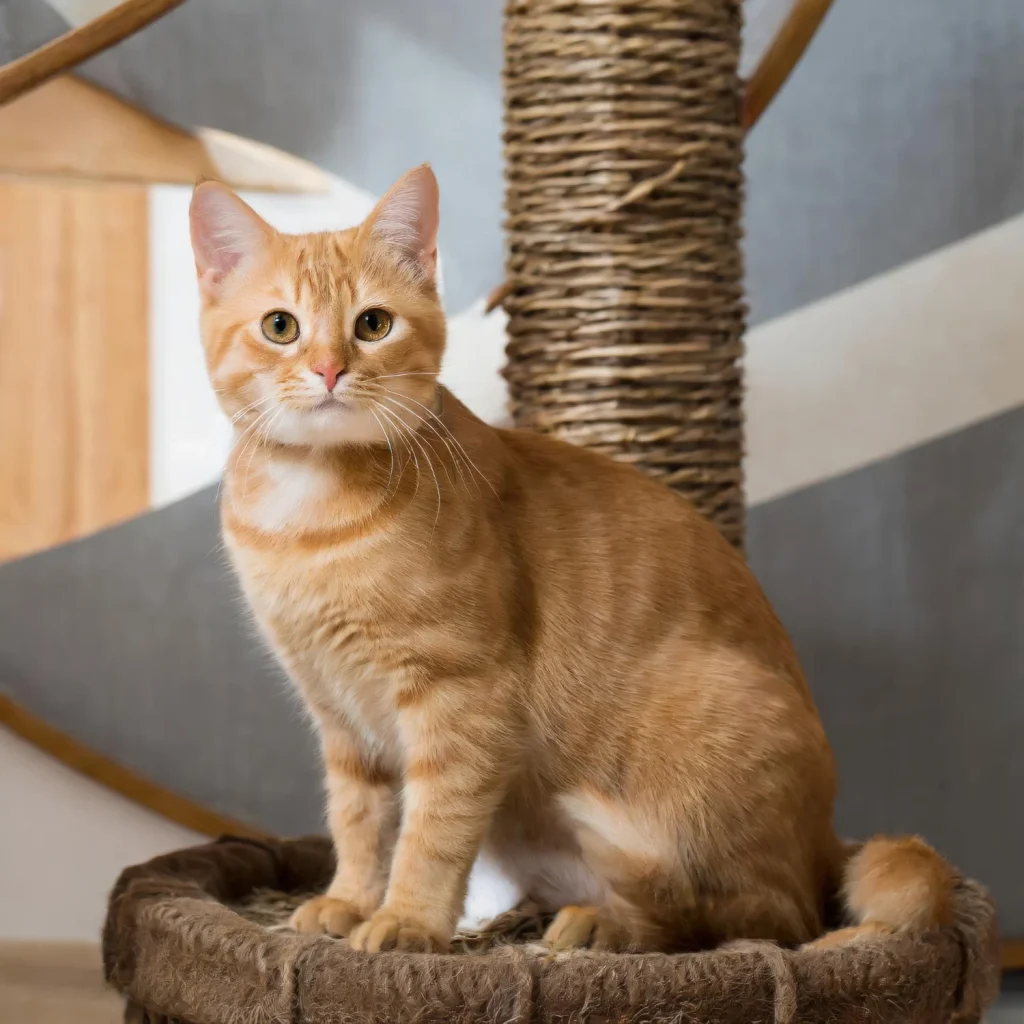 An orange tabby cat sits in a brown pet bed with a tall scratching post behind it.