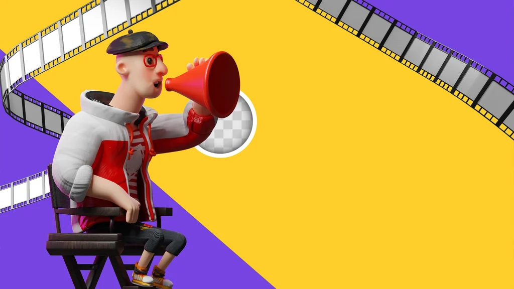 3D rendered cartoon character in a director's chair holding a red megaphone