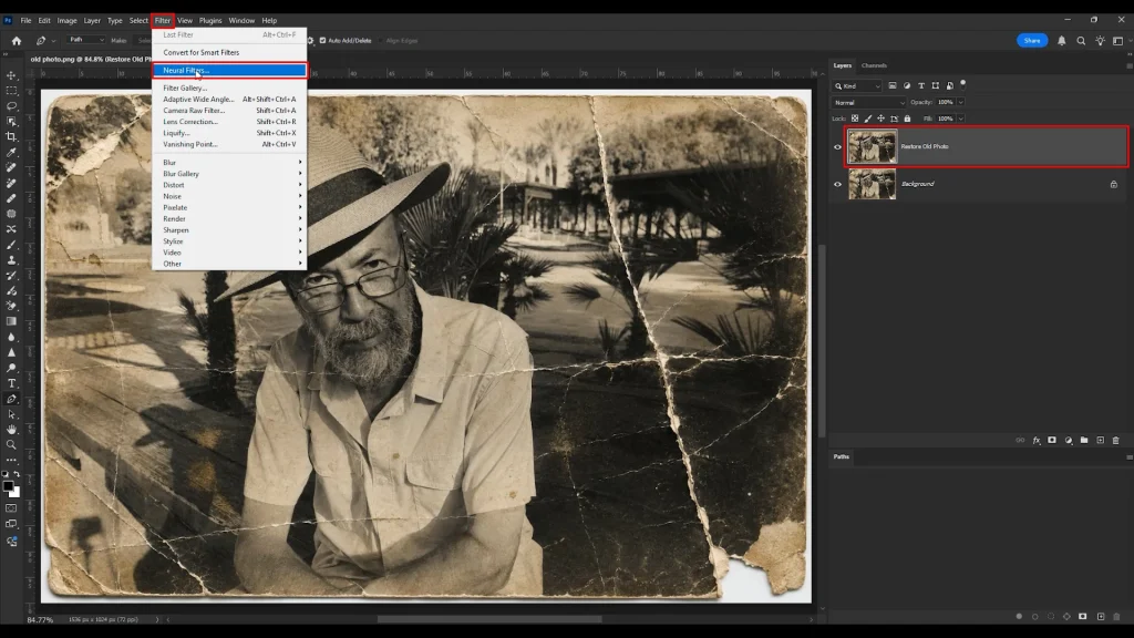 Opening Neural Filters from the Filter menu in Photoshop for photo restoration