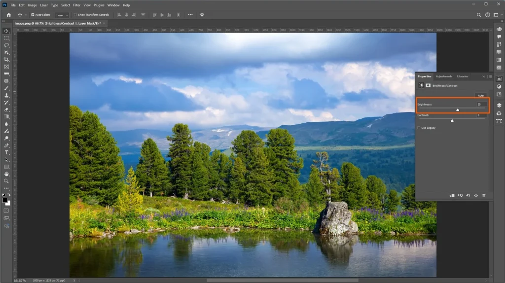Photoshop Brightness adjustment used to brighten a landscape photograph