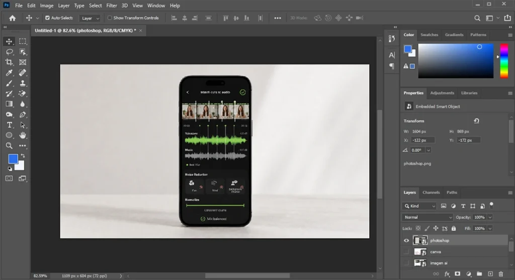 Adobe Photoshop workspace editing a product image with layers, properties, and adjustment tools