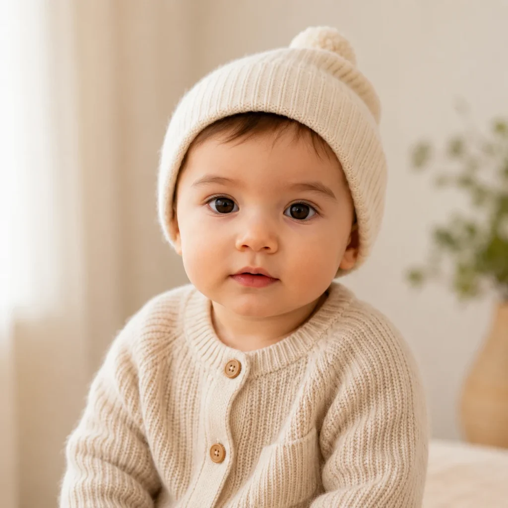 A baby wearing a cream knitted cardigan and pom-pom hat poses in soft, warm natural light.