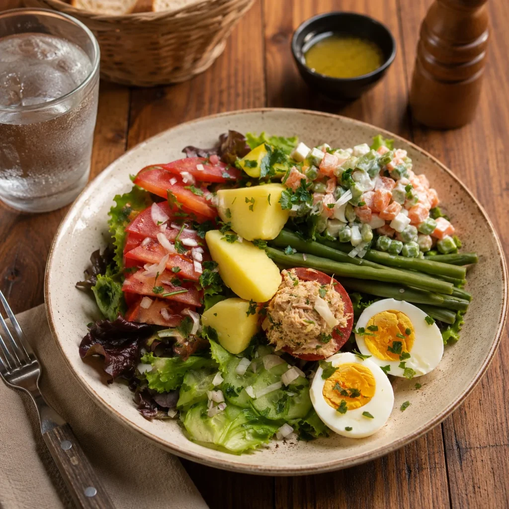 A colorful salad with potatoes, tomatoes, green beans, tuna, vegetables, and boiled eggs sits on a wooden table.