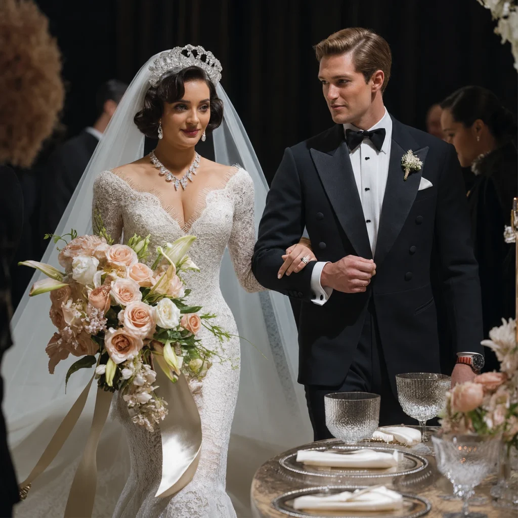 A bride in a lace wedding gown walks beside a groom in a black tuxedo at an elegant reception.