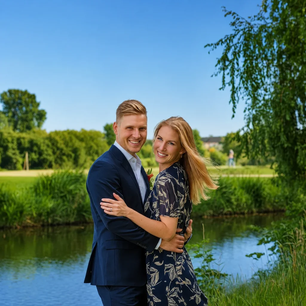 A smiling couple embraces beside a pond under a bright blue sky in a green park.