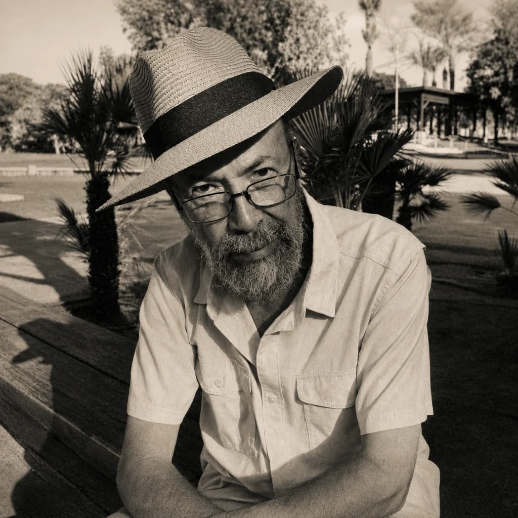 A restored black-and-white portrait shows an elderly bearded man wearing glasses and a wide-brimmed hat outdoors.