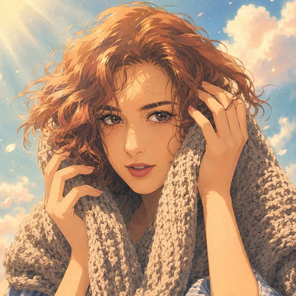 An anime-style red-haired woman wrapped in a chunky scarf poses beneath a bright sky with soft clouds.