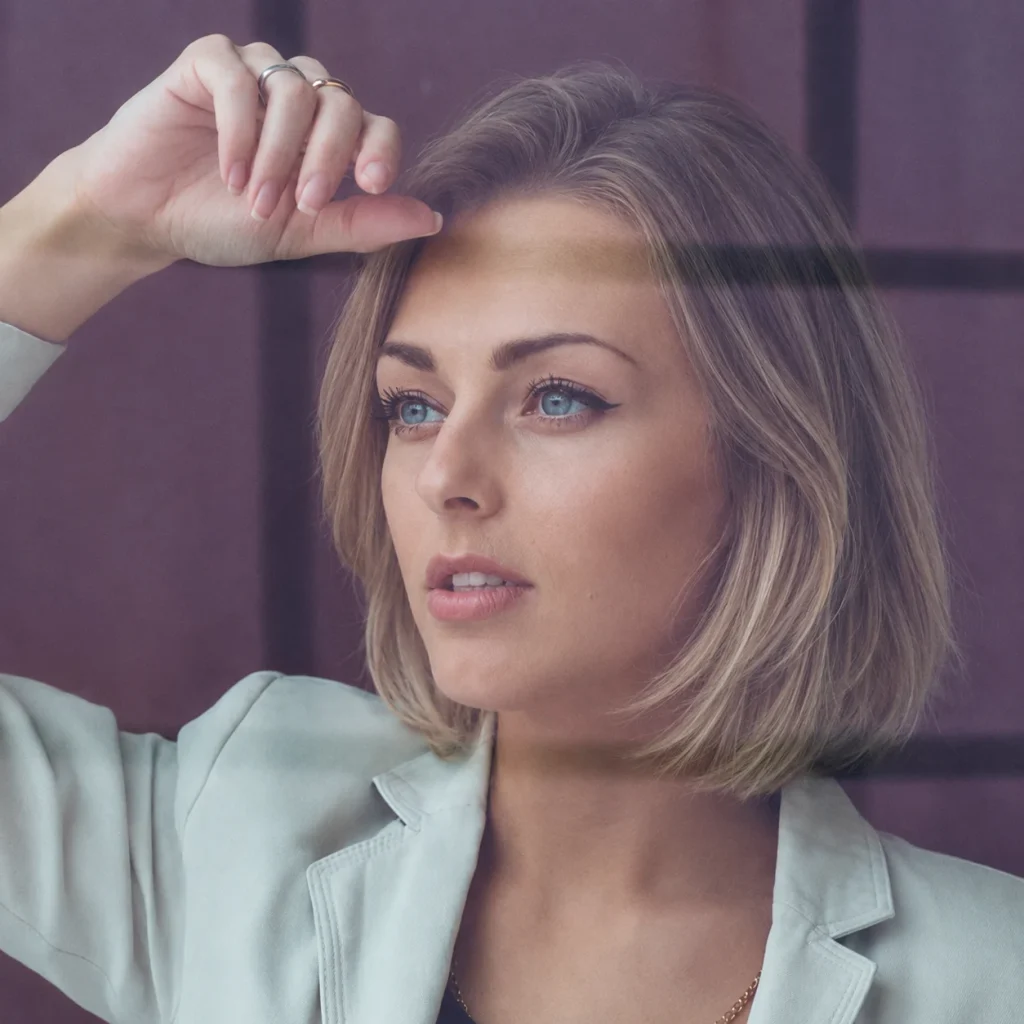 A blonde woman with a short bob haircut looks thoughtfully through a window.