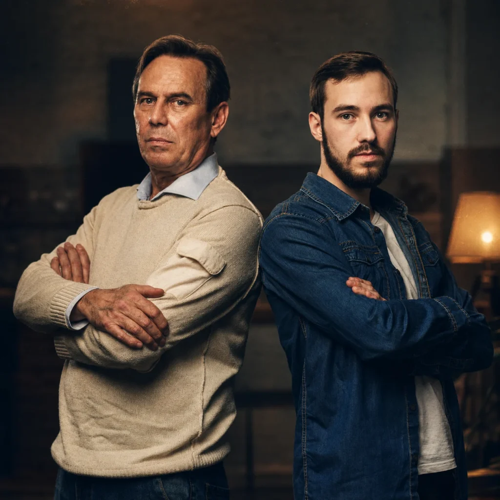 An older man and a younger bearded man stand back-to-back with folded arms in a dramatic setting.
