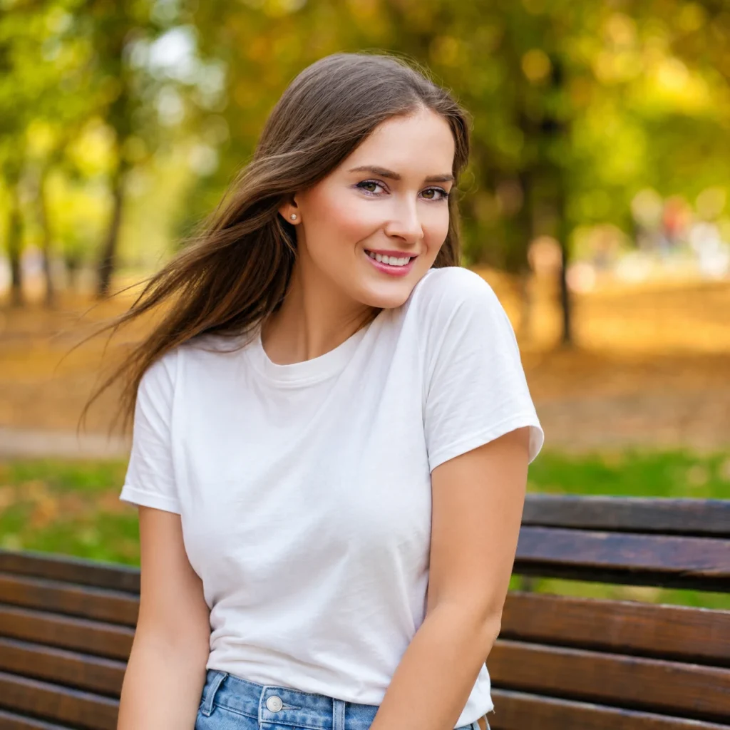 A smiling young woman wearing a white T-shirt and jeans sits on a park bench.