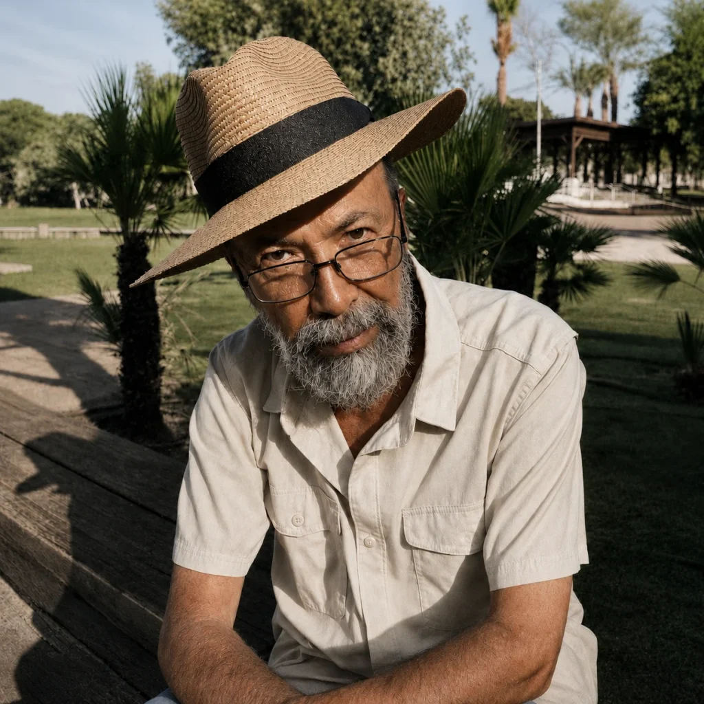 An elderly bearded man wearing glasses and a straw hat sits outdoors in a sunny park.