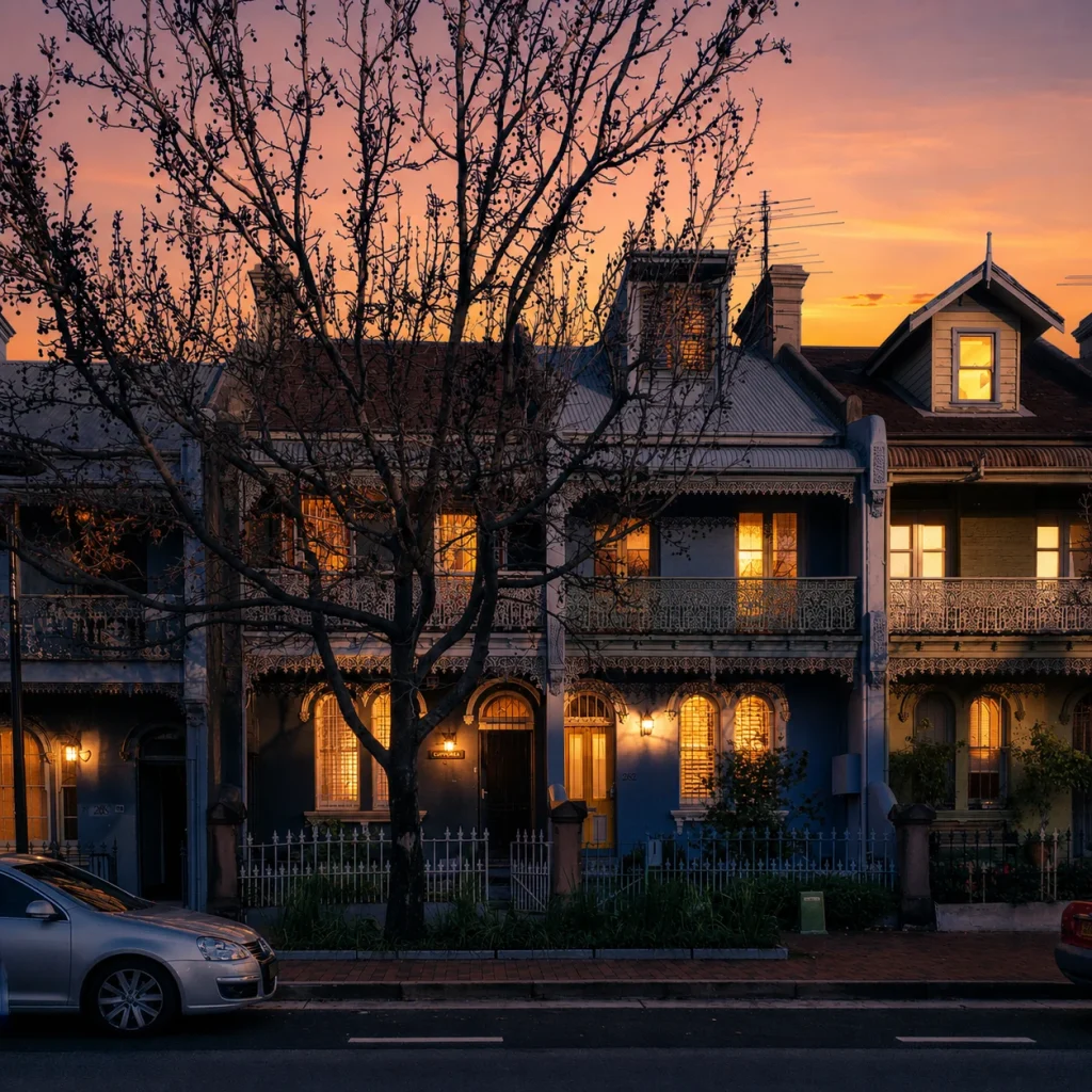 Victorian-style houses glow with warm interior lights beneath a colorful sunset sky.