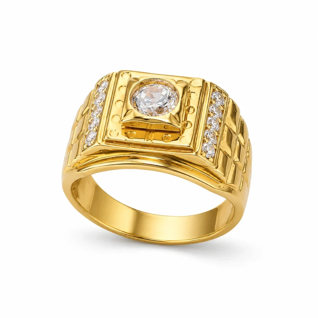 A polished gold ring with a large clear gemstone and smaller side stones appears on a white background.