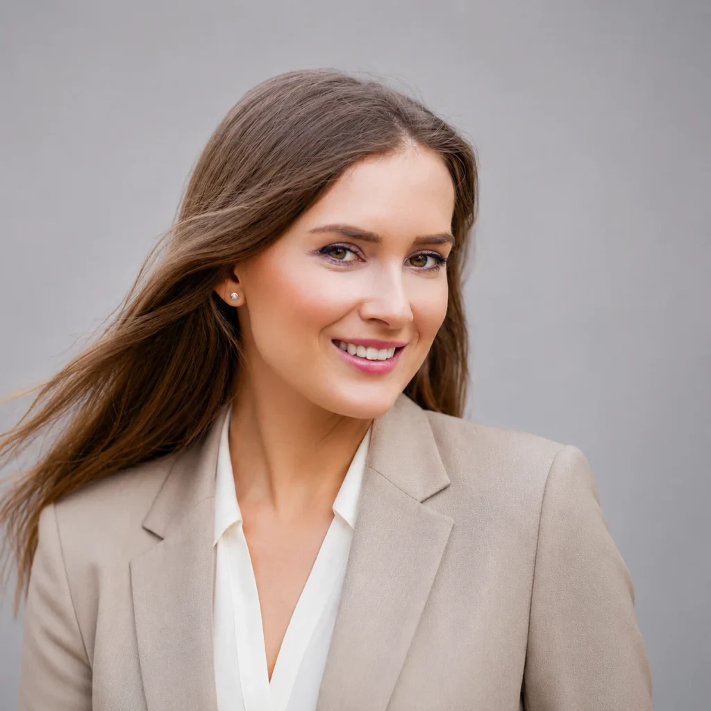 A smiling brunette woman in a beige blazer poses against a clean gray studio background.