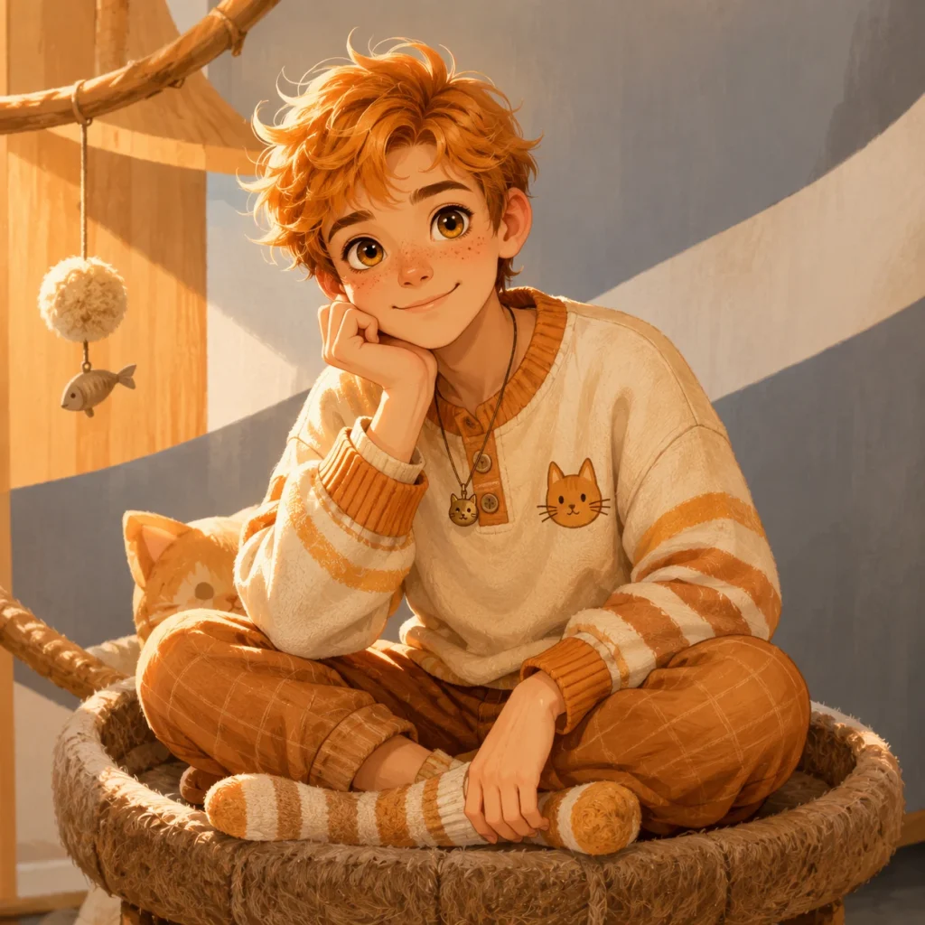 An illustrated orange-haired character wearing cat-themed clothing sits inside a cozy cat bed.