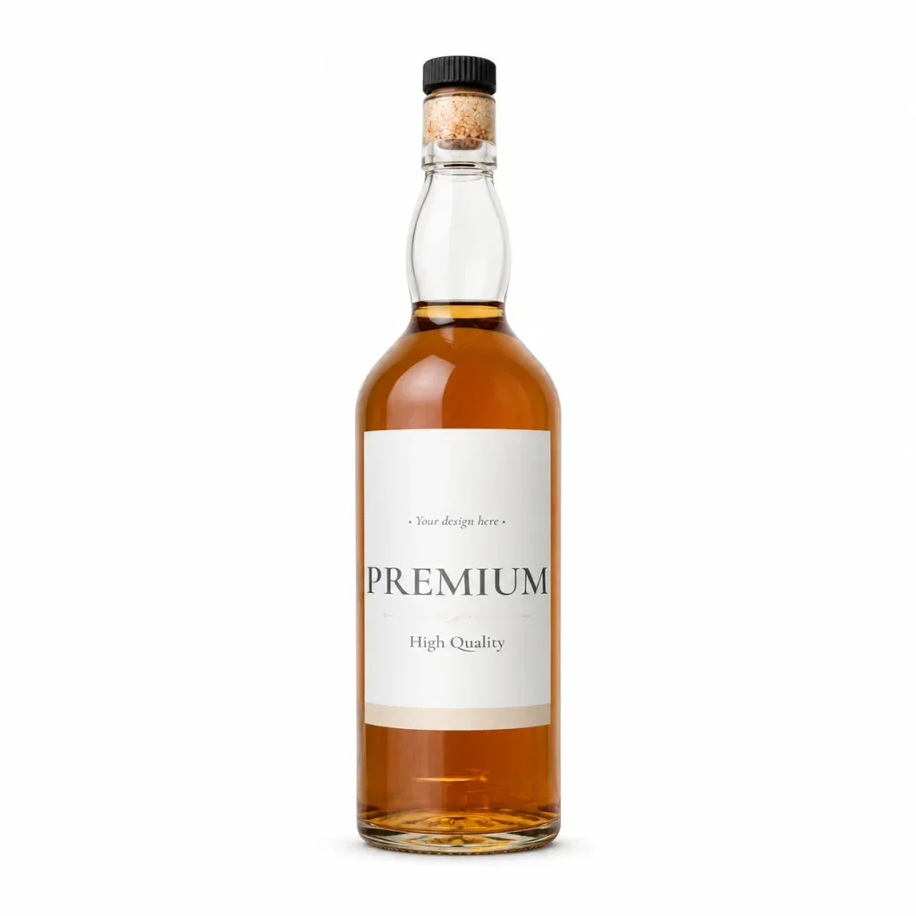 A clear bottle filled with amber liquid and a minimalist premium label stands on a white background.