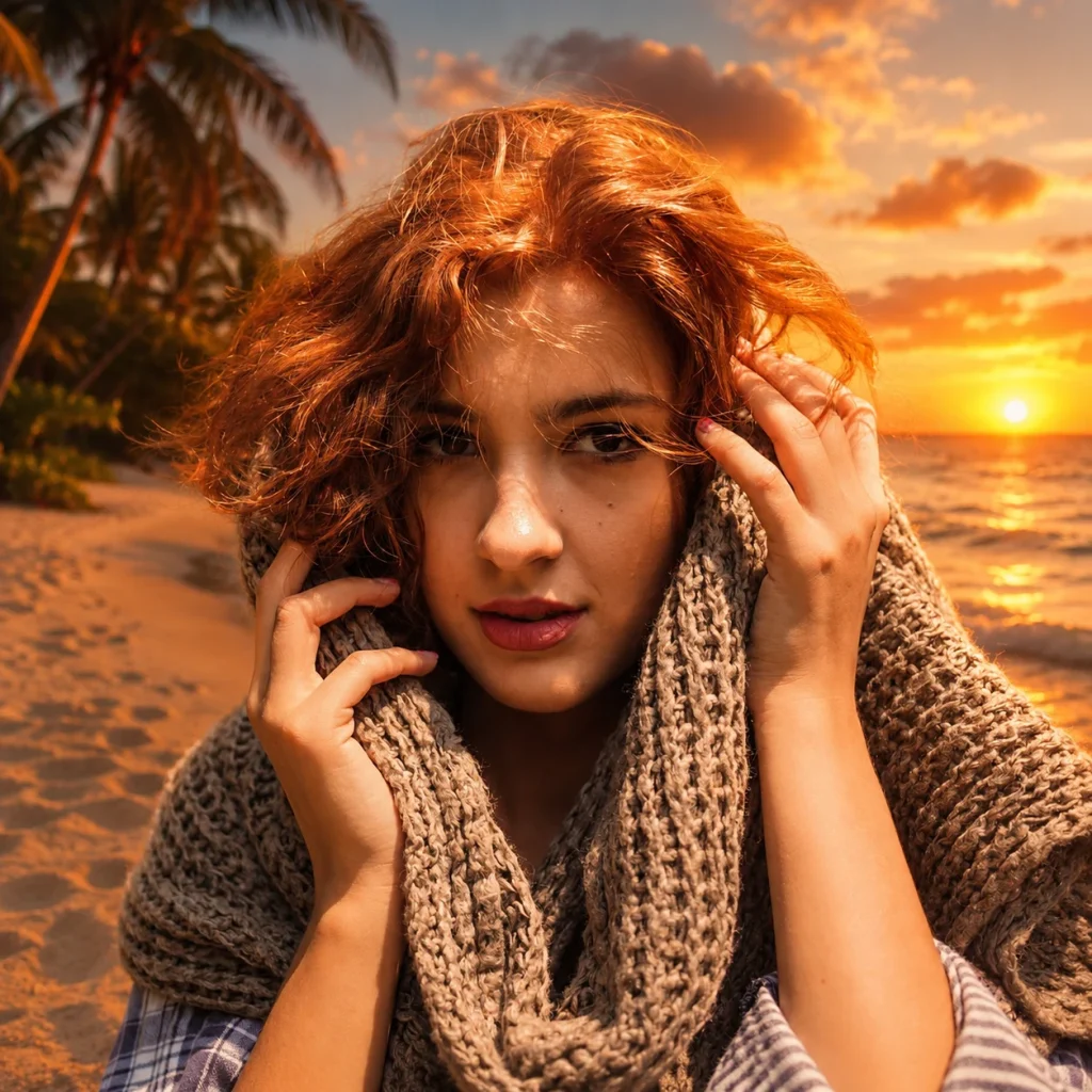 A red-haired woman wrapped in a knitted scarf poses on a tropical beach during sunset.