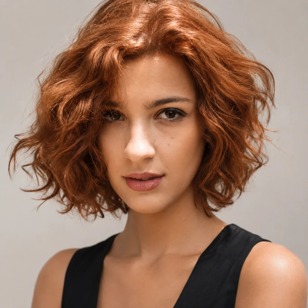 A red-haired woman with a curly bob wears a black sleeveless top against a neutral studio background.